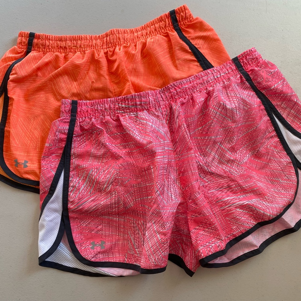 2 PAIRS of Under Armour Heat Gear Shorts Fitted Size XS Drawstring Orange Pink